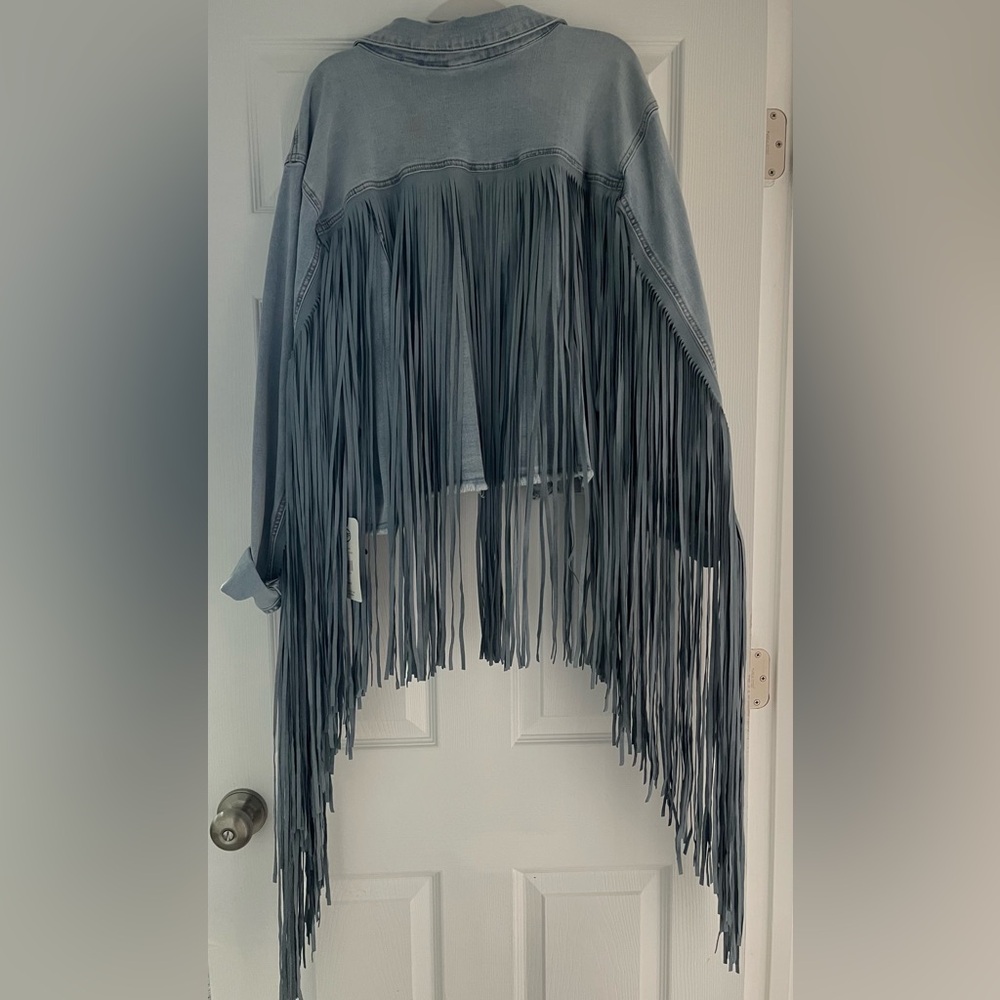 Fashion to Figure Light Blue Fringe Denim Trucker Jacket - Picture 5 of 8
